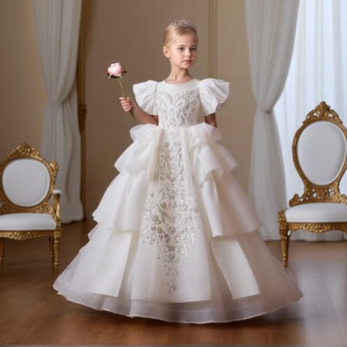 Lace Applique Tulle Flower Girl Dress with Train Puffy Floral Pageant Dresses Kids Birthday Wedding Party Ball Gown2