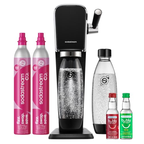 Image of SodaStream ART Sparkling Water Maker, Value Bundle, Soda Maker, Includes 2 Quick Connect 60L CO2 Cylinders, 2 Dishwasher Safe BPA Free Bottles, 2 bubly Flavor Drops, Make your own Pepsi, Black