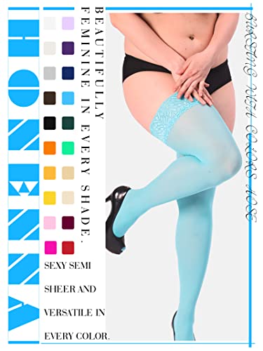 Image of HONENNA Plus Size Thigh High Stockings, Semi Sheer Stay Up Lingerie Lace Top Pantyhose for Curvy Women