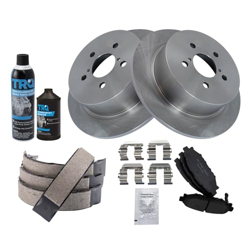 Image of TRQ Rear Brake Pad & Rotor Kit, with Chemical Kit Parking Brake Shoe Set Ceramic Compatible with 2005-2009 Subaru Legacy Outback
