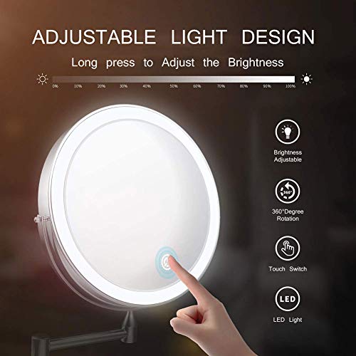 8'' Bathroom Mirrors Wall Mounted Makeup Mirror, Upgrade Auto Off LED Shaving Mirror 1X/10X Magnifying Double Sided 360° Swivel Extendable, Powered by 4 x AAA Batteries (chrome)