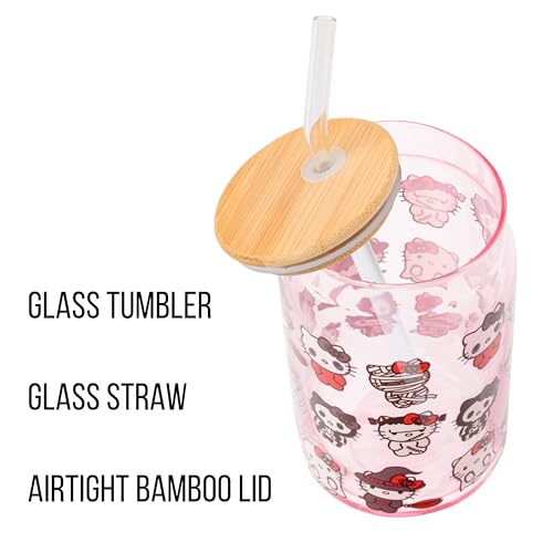 Silver Buffalo Sanrio Hello Kitty and Friends Halloween Spooky Costumes Ghost Witch Vampire Zombie Frankenstein Skeleton Pink Glass Jar Tumbler with Bamboo Lid and Glass Straw, 16 Ounces - Image 5