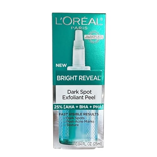 LOreal Paris Bright Reveal Dark Spot Exfoliant Peel, 25% AHA BHA PHA Face Exfoliator Solution, Gentle Skincare to Visibly Reduce Dark Spots and Renew Skin Texture, Includes SPF Lotion Sample
