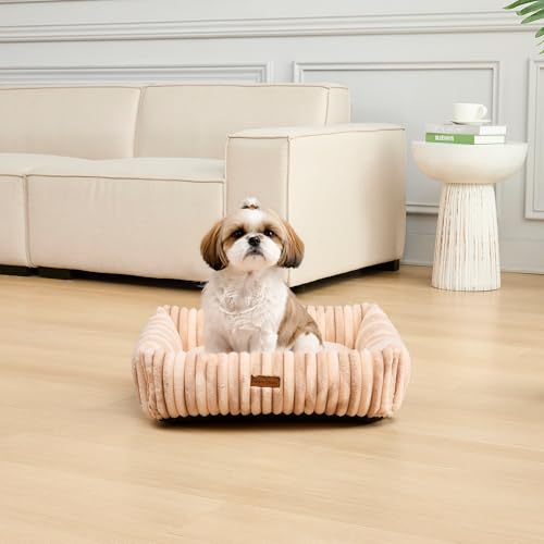 Image of Modern Threads Ribbed Plush Two-Tone Cuddler Dog Bed, Ultra-Soft Faux Rabbit Fur, Supportive Bolstered Sides, Removable Washable Cover, Bed for Small to Medium Dogs, Cream, (24 inch L x 20 inch W x 8 inch Th)