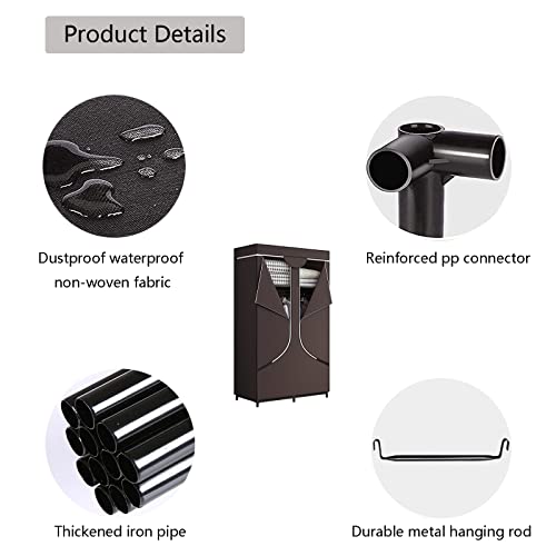 Sorcedas Portable Wardrobe Closet Storage Organizer Metal Hanging Rack Non-Woven Fabric 34 Inch Coffee (34 Inch, Coffee) #TOP5