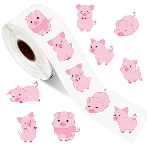 JarThenaAMCS 1000Pcs Pink Pig Sticker Cute Piggy Paper Decal 8 Designs Farm Animal Adhesive Sticker Label for Reward Envelope Scrapbook Gift DIY Supplies, 1.5 in