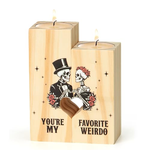 Wedding Gifts for Couple, Heart Shaped Candlestick – “You’re My Favourite Weirdo” Skeleton Couple Design – with Candles Included, for Birthday Christmas Anniversary Valentine's Day