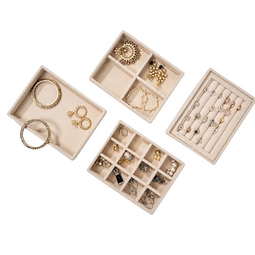Image of La Trove Set of 4 Stackable Jewelry Organizer Trays for Drawer, Cream | Stackable set of 4 velvet trays for rings, earrings, necklaces, jhumkas and bangles, ideal for drawer jewelry storage