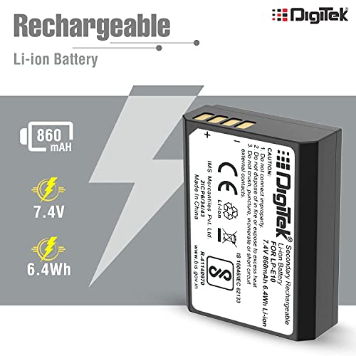 Image of DIGITEK (LP E10) Lithium-ion Rechargeable Battery for DSLR Camera, 7.4V 860mAh, Multi Protection, Compatible with Canon Eos -1100D, 1200D, 1300D, Kiss X50, X70, Rebel T3, T5, T6