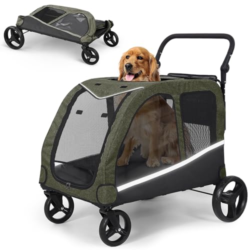 Dog Stroller for Large Dogs, Extra Large Pet Stroller for Medium Dogs, Dog Wagon Carriage, Foldable Design, Adjustable Handle, with Pocket, Up to 160 lbs, Green