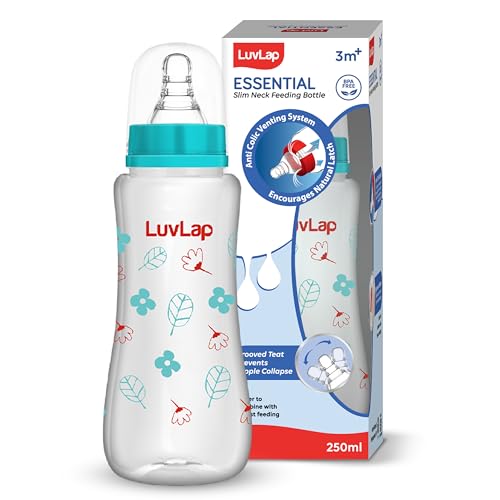LuvLap Anti-Colic Slim/Regular Neck Essential Baby Plastic Feeding Bottle, 250Ml, New Born/Infants/Toddler Upto 3m+, Wild Flowers, BPA Free,Green