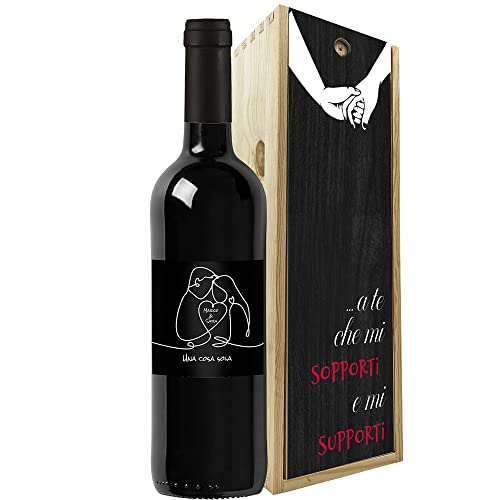 Regalo San Valentino - Bottiglia vino personalizzata e cassa legno - Idea regalo innamorati, anniversario di fidanzamento e di matrimonio (Innamorati, Mano nella mano)