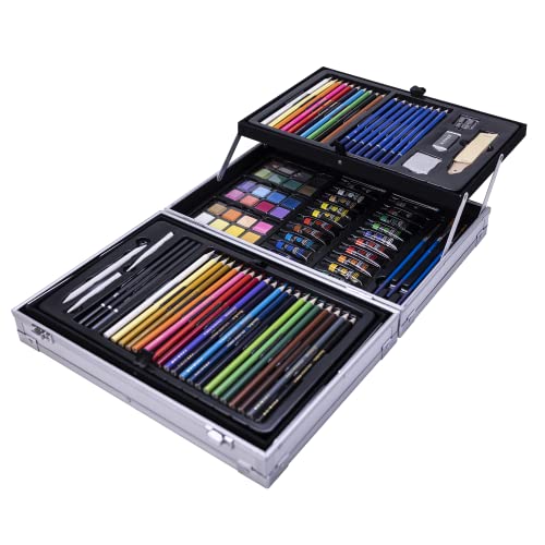 Roseart Premium 146 Piece Art Set, Fold-Out Metal Artist Case & Drawing Kit With Color Pencils, Oil Pastels, Acrylic Paints, Watercolor Cakes, Sketch Pencils,Multicolor #TOP3