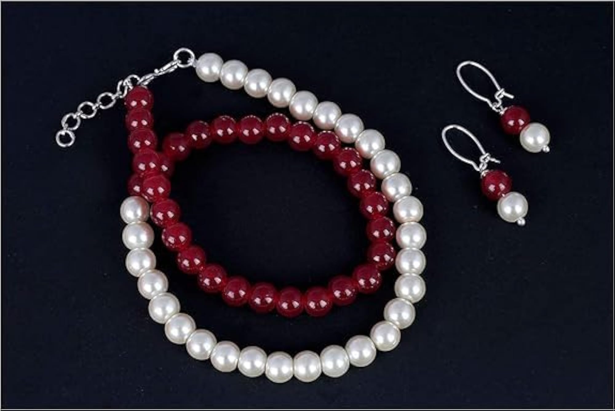 Women's Pearl Necklace Set, White & Red Mala