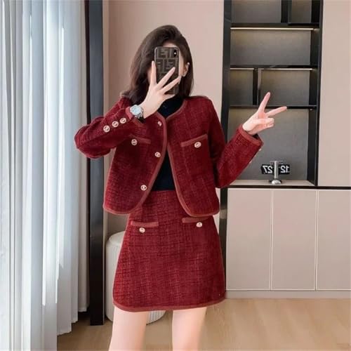 Women's Spring Short Jacket Skirt Two-Piece Elegant Look Origin Suits Red Thin Coat Skirt Suit L2