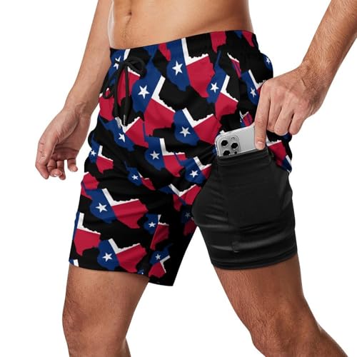 Flag Map of Texas Mens Swim Trunks Swimming Board Shorts with Compression Liner Summer Beach Bottom2