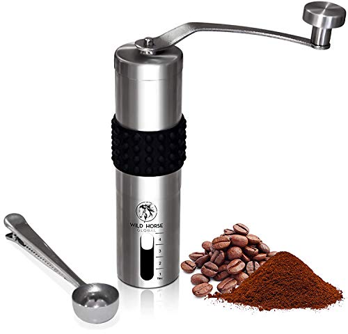 WILD HORSE GLOBAL Coffee Mill Burr Grinder - Stainless Steel 4 Tbs - Portable Manual Coffee Grinding Set with Measuring Scoop Storage Bag