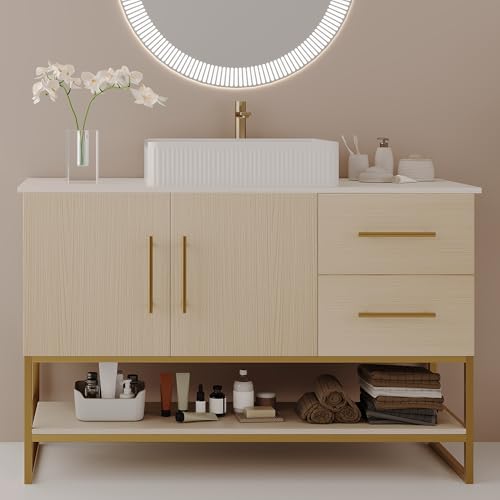 Glintee 48' Modern Bathroom Vanity with Ceramic Vessel Sink, Freestanding Solid Wood Cabinet with 2 Soft-Closing Doors & Drawers, Gold Stainless Steel Base, White Oak,