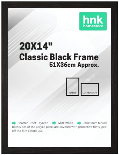 HNK Classic Picture Poster Frame, 20X14" Black Frame, Wood Finish, Portrait, Landscape Display Rectangle 51X36cm Frame (Black Picture Frame)