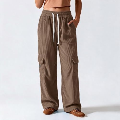 Womens Corduroy Pants Baggy Casual Wide Leg High Waist Cargo Pant Trousers - image 7