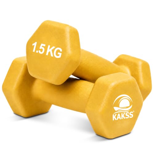 Image of KAKSS Neoprene Dumbbells Set, 3kg (2 x 1.5kg), Gold Hex Dumbbells with Easy-Grip Coated Finish, Cast Iron Hand Weights for Home Gym Equipment and Fitness Training for Women and Men