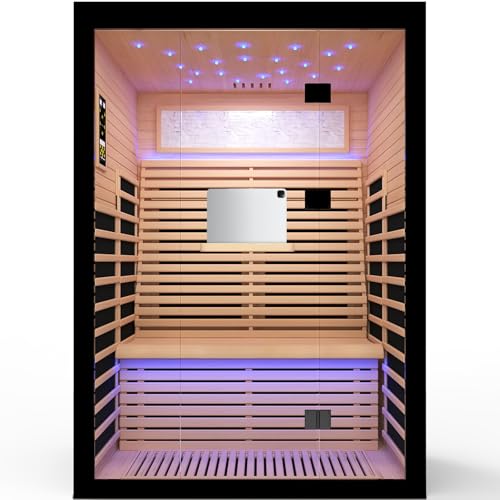 Image of OUTEXER 2 Person Infrared Sauna Room Far Infrared Saunas Home Canadian Hemlock Indoor 2100W Low-EMF Dry Saunas with Oxygen Bar 7 Color Therapy 53.1 * 47.2 * 74.8inch