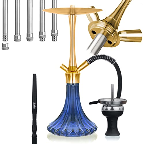 Aladin Shisha MVP A46 Gold Dunkelblau, Wasserpfeife mit Edelstahl-Rauchsäule, Diffusor, Schlauch-Set, Kamin-Kopf