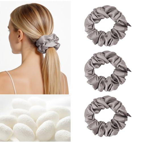 Image of THXSILK 100% Mulberry Silk Chunky Scrunchies 3-Pack, 25 Momme Mulberry Silk Hair Ties for Women, Thick Voluminous No Damage Hair Ties, Ponytail Holders for All Hair Types, Grey