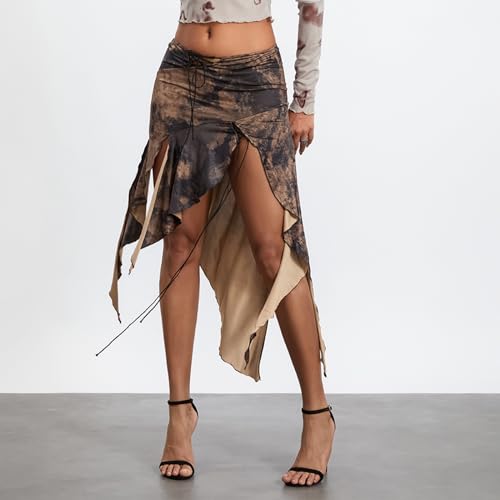 Women's Midi Skirt Low Waist High Split Vintage Pattern Print Front Tie Up Irregular Ruffle Hem Skirt Clubwear3