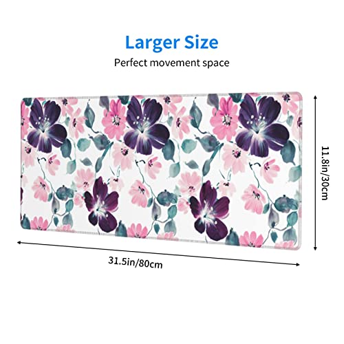 Image of XL Mouse Pad, Cute Flower Large Mouse Pad Gaming, Long Stitched Non-Slip Base Floral Computer Keyboard mat for Women and Girl School Office Decor, (Purple Pink Watercolor, 31.5 * 11.8 in)