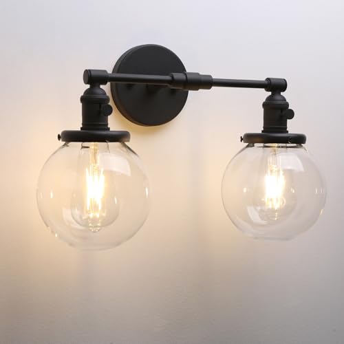 Image of Phansthy Industrial Wall Sconce Hardwired Black Double Wall Light with 5.9 Inches Globe Lampshade, Modern Wall Lamp Wall Decor Light Fixtures for Bathroom Mirror Living Room Hallway Bedroom (Black)