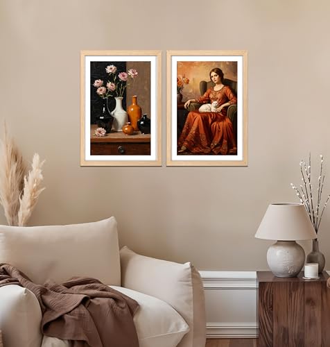 Image of NoWorries Modern art framed Wall paintings for home Decoration Living Room /Bedroom /Dining Room Decorative wall painting for Office hotel,cafe,room decor ''300 GSM Premium Poster Paper Print'' Cafeteria and Lounge - Synthetic Wooden Frames (pattern-illustration) (Set of 2, Framed Painting)(Frame Size-10x13inches) (BROWN)