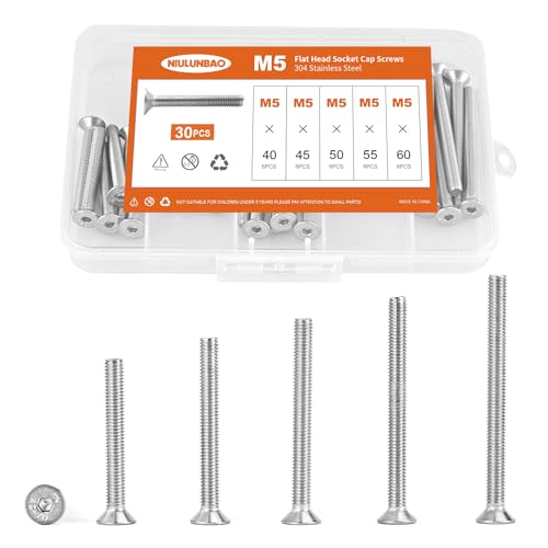 Vis à tête fraisée M5 x 40 à 60 mm en inox entièrement fileté en lot