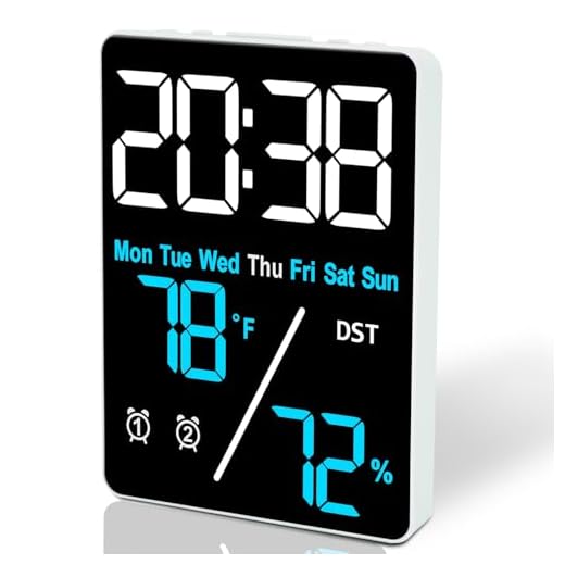 5.5 inch Large Digital Room Thermometer Hygrometer Alarm Clock for Desk, Indoor Humidity and Temperature Measurement with LED Display,Adjustable Brightness Clock with Dual Alarms, Snooze,USB Input