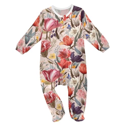 J JOYSAY Watercolor Tulips Flowers Baby One-Piece Footies Cotton Footie Pajamas Baby Rompers Pajamas Pjs for Girls Newborn 3M