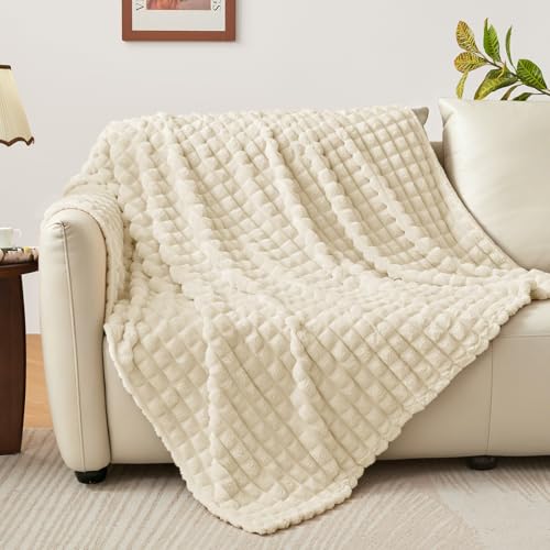 Image of BEDELITE 3D Checked Beige Fleece Throw Blanket for Couch, 50x60 Inches