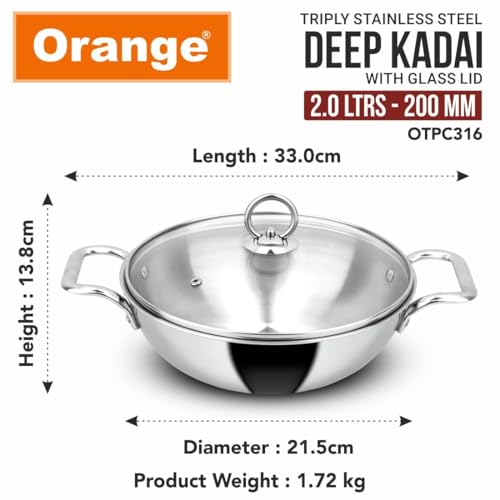 Image of Orange Triply Stainless Steel Deep Kadai with Glass Lid 2.0 litres Capacity (20 cm Diameter) | 20 cm Heavy Bottom with Cool Touch Handle | Silver (Induction and Gas Stove Friendly) | 5 Year Warranty