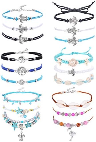 LOYALLOOK 18Pcs Anklet Bracelets for Women Ankle Chain Turtle Wave Anklet Beach Ankle Bracelets Foot Jewelry for Women