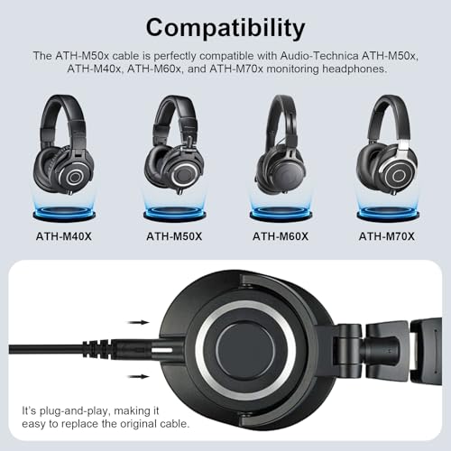 Image of Zosvoses ATH M50x Replacement Cable Compatible with Audio Technica ATH-M50x, ATH-M40x, ATH-M60x, ATH-M70x Headphones, 5-10ft