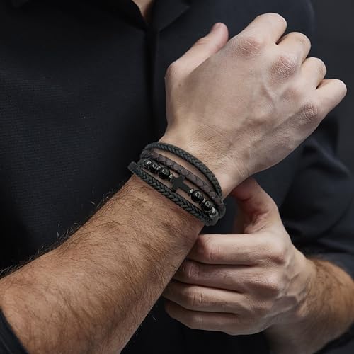 Veshon Men's Leather & Black Onyx Cross Bracelet - Christian Jewelry, Multi-Layer Braided Leather with Stone Beads for Protection, 8.3" & 9.1" Sizes by Veshon - Image 5