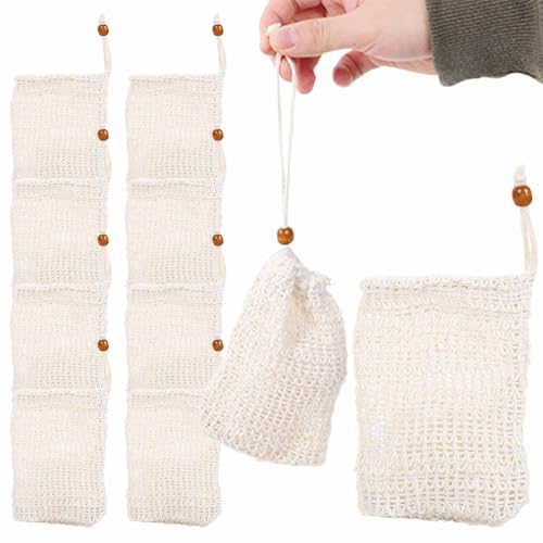 Bolsas de jabón de sisal, paquete de 10 bolsas de jabón natural con cordón para hacer espuma, secar jabones, exfoliación, masaje, bolsa de jabón de sisal, bolsa de ahorro de jabón, embalaje de jabón