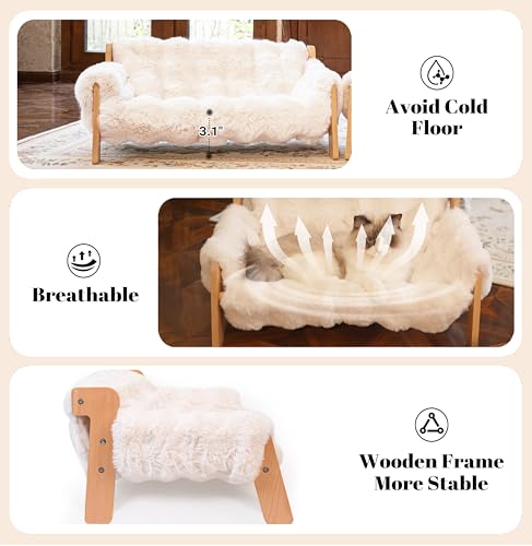 CHEERHOME PETS Elevated Cat Couch Bed for Indoor Cats, Wooden Cat Sofa with Removable Washable Fluffy Cover Raised Kitty Lounge Chair Suitable for Puppy(Cat Sofa Off-White) - Image 5
