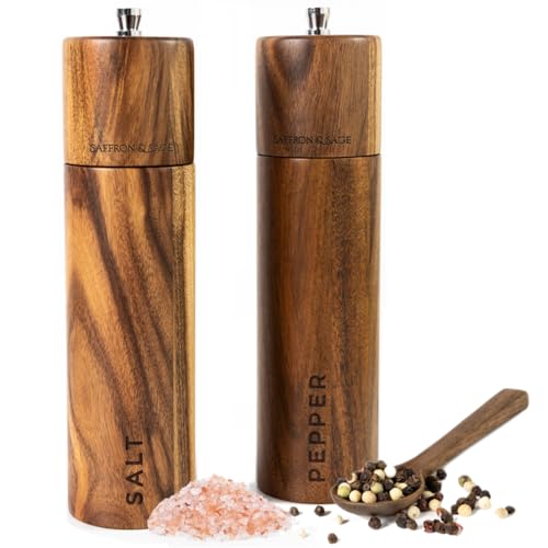 Saffron & Sage Premium Acacia Wood Salt and Pepper Grinder Set of 2-8” Tall Salt and Peppercorn Mill with Adjustable Coarse Settings, Rust Resistant, Smooth and Quality Grinding Mechanism