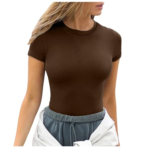 Neon Damen Sommer Kurzarm Tops O Hals Rippt Slim Schnittnittene Shirts Casual Tee Shirt Oversized Hemd, café, L