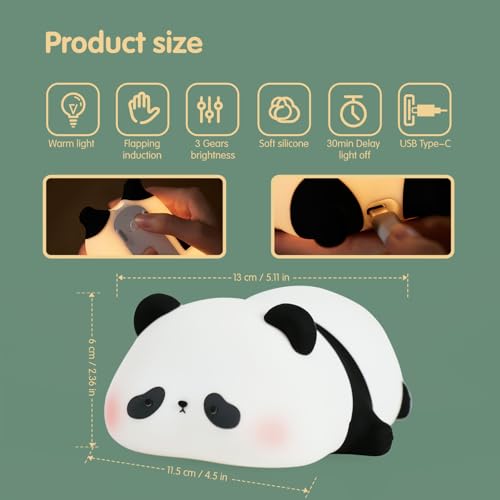 Image of VTIGER Panda Night Light, LED Squishy Cute Lamp, Night Light for Kids, Silicone Panda Light, Dimmable Girls Baby Bedroom Nightlight, Rechargeable Touch Lamp for Breastfeeding Nursery Decor