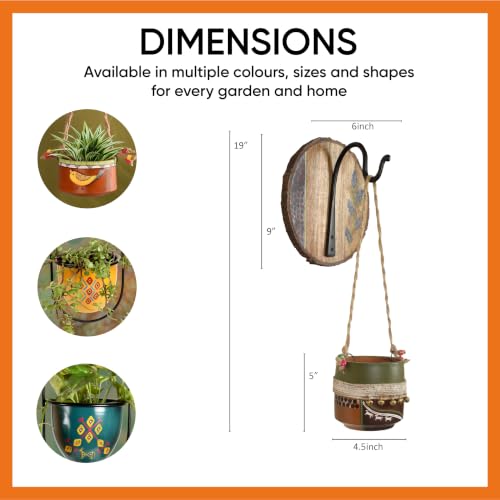Image of AAKRITI ART CREATIONS Wall Hanging Planter with Hook | Jute Embellished Brown Earthen Planter on Round Wall Hook, Floral Art, Matte Finish | Metal, Terracotta & Wood