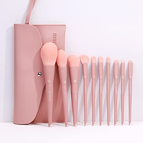 MSQ Make Up Brushes 10Pcs Makeup Brush Set Foundation Brush Blending Brush Synthetic Hair Powder Brushes Fan Brushes Eyeshadow Brushes Eye Brushes Set with Bag (Deep Pink)