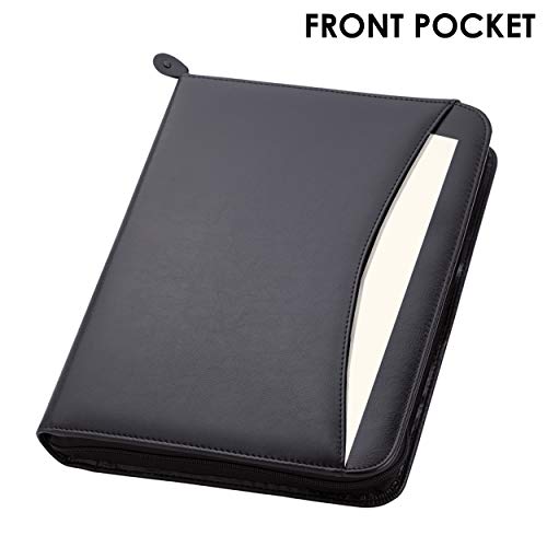 Travigo 3-Ring Zipper Business Leather Portfolio Folder| 1.25" 3-Ring Binder Professional Business Folder Resume Document Organizer|Exterior Pocket | Guesseted File Pocket| 8-1-2" Writing Pad (Black) #TOP4