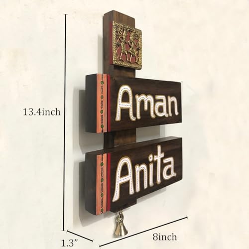 Image of AAKRITI ART CREATIONS Couple Stack Handcrafted Dhokra Brass Art Teak Wood Nameplate for Home Entrance | Traditional Name Plate for Home Entrance Outdoor | Wooden Name Plate | Name Plate for Office
