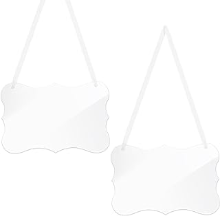 AHANDMAKER 2 Pc Clear Acrylic Hanging Sign, 8.86x5.79 DIY Blank Names Custom Card Labels for Elegant Wedding Chair Signs with White Satin Ribbon for Wedding Dinner Parties, Food Signs, Banquet Events
